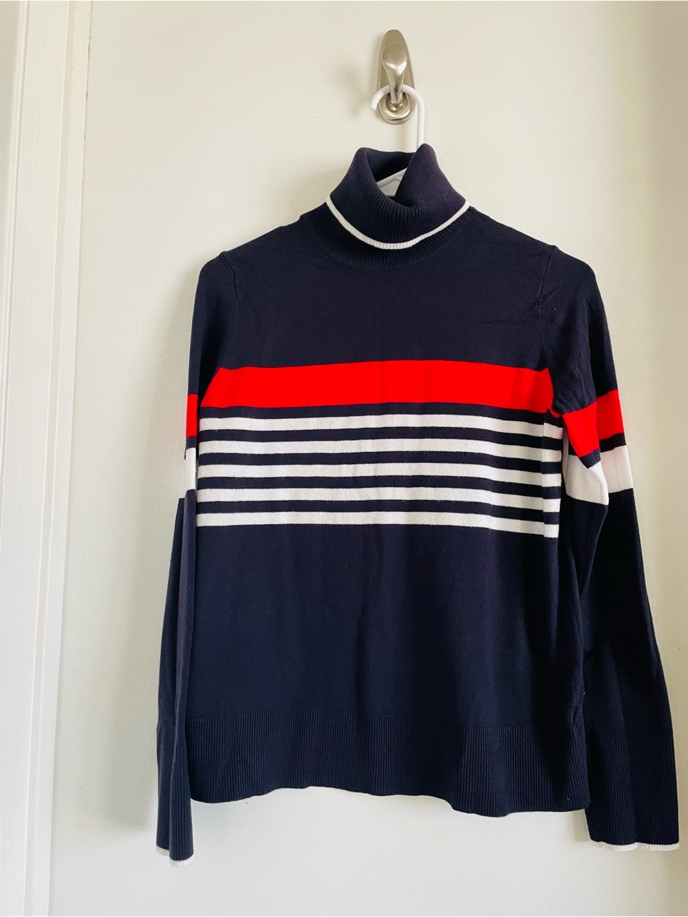 Navy and Red Striped Women's Turtleneck Sweater